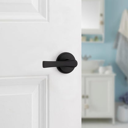 Kwikset Katella Interior Privacy Door Handle with Lock, Door Lever For Bathroom and Bedroom, Matte Black Reversible Keyless Push Button Lock Door Lever, with Microban Protection