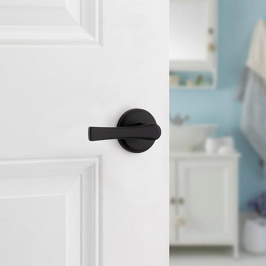 Kwikset Katella Interior Privacy Door Handle with Lock, Door Lever For Bathroom and Bedroom, Matte Black Reversible Keyless Push Button Lock Door Lever, with Microban Protection