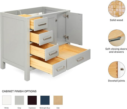 ARIEL Cambridge 36-inch Bathroom Vanity Base Cabinet,Solid Wood, 2 Soft Closing Doors, 5 Dovetail Drawers, Grey