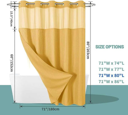 eachope No Hook Waffle Shower Curtain with Snap-in Liner, 71x80 Inch, Gold | 230 GSM waffle weave fabric, waterproof liner set with 2 bottom magnets, mesh top window, washable, for bathroom or hotel use