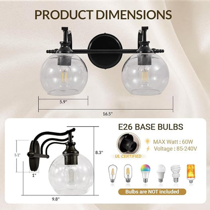 2 Light Bathroom Vanity Light, Matte Black Bathroom Light Fixtures, Modern Wall Sconce with Clear Globe Glass Shade, Farmhouse Wall Lamp for Bathroom, Living Room, Hallway, Cabinet, Porch