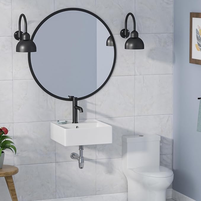 Wall Mounted Vessel Sink 18"x18" Ceramic Floating Bathroom Sink | Floating Wall Hung Sinks Modern Porcelain Wall Hung Sink Wash Hand Basin Vanity Sink with Overflow