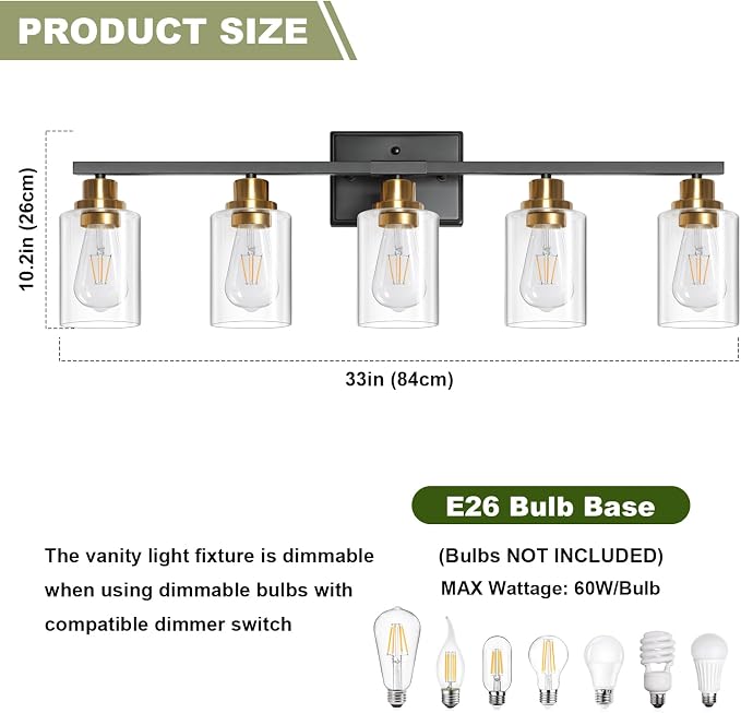 Unicozin Modern Bathroom Light Fixtures, 5 Light Vanity Lights Over Mirror, Black and Gold Wall Lamp with Clear Glass for Living Room Cabinet Bedroom Porch