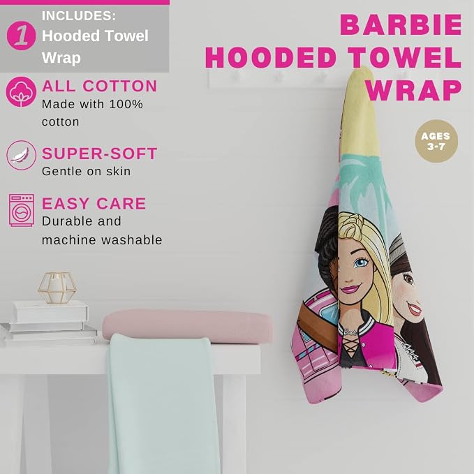 Barbie Bath/Pool/Beach Soft Cotton Terry Hooded Towel Wrap, 24 in x 50 in, By Franco Kids