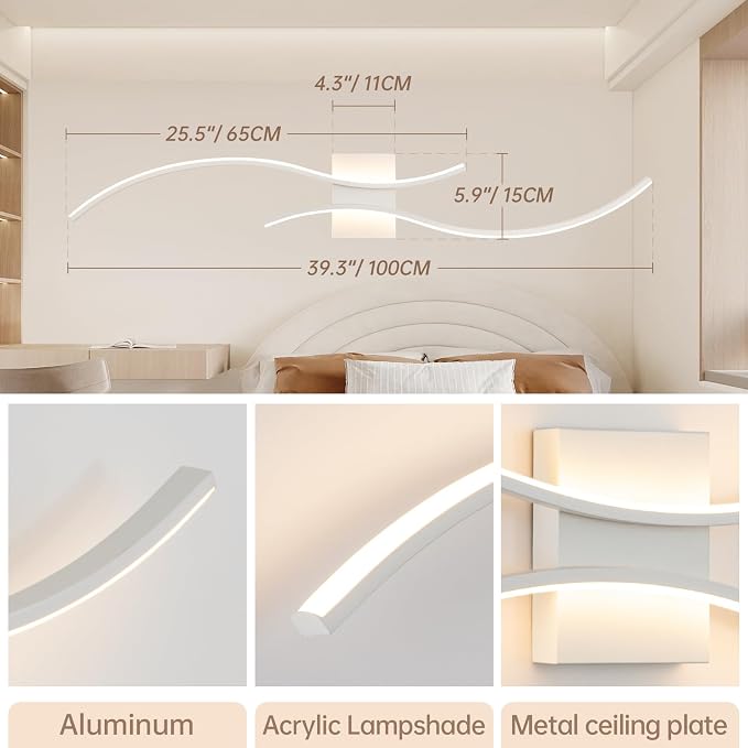 CANEOE Modern Wall Sconce, White Long Strip Led Wall Light Fixtures, 39inch Wave Design Indoor Wall Lamp for Living Room Bedroom Porch Hallway Bathroom Vanity Light (Warm White, 3000K)