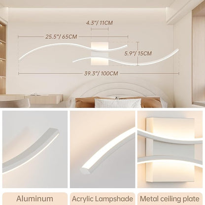 CANEOE Modern Wall Sconce, White Long Strip Led Wall Light Fixtures, 39inch Wave Design Indoor Wall Lamp for Living Room Bedroom Porch Hallway Bathroom Vanity Light (Warm White, 3000K)