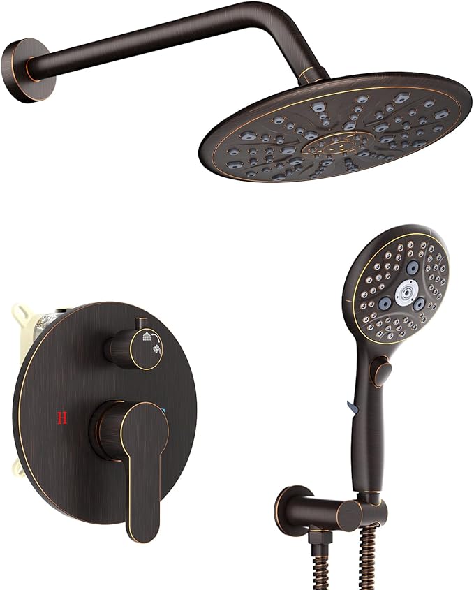 SunCleanse Oil Rubbed Bronze Shower System, Shower Faucet Sets Complete with Rain Shower Head and 7-Settings Handheld Shower Spray, Included Rough in Valve and Trim Kit