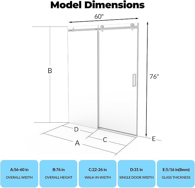 GarveeLife Sliding Shower Door 56–60 inch W x 76 inch H, Frameless Shower Door with Fixed Panel, Square Stainless Steel Track, 8mm Coated Tempered Glass, Single Sliding Shower Door, Brushed Finish