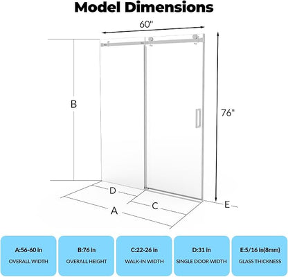GarveeLife Sliding Shower Door 56–60 inch W x 76 inch H, Frameless Shower Door with Fixed Panel, Square Stainless Steel Track, 8mm Coated Tempered Glass, Single Sliding Shower Door, Brushed Finish
