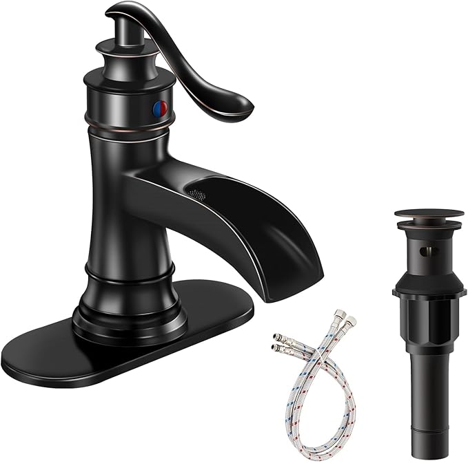 Oil Rubbed Bronze Waterfall Bathroom Faucet Single Hole Brushed Bronze Single Handle Bathroom Sink Faucets Lavatory Vanity Bath Deck Mount One Hole Mixer Tap Supply Lines Hose by Bathfinesse