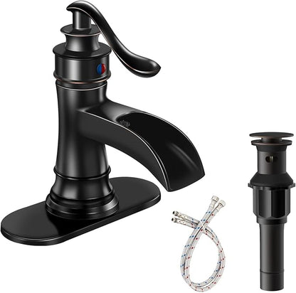 Oil Rubbed Bronze Waterfall Bathroom Faucet Single Hole Brushed Bronze Single Handle Bathroom Sink Faucets Lavatory Vanity Bath Deck Mount One Hole Mixer Tap Supply Lines Hose by Bathfinesse
