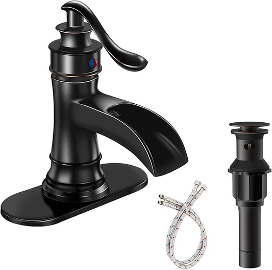 Oil Rubbed Bronze Waterfall Bathroom Faucet Single Hole Brushed Bronze Single Handle Bathroom Sink Faucets Lavatory Vanity Bath Deck Mount One Hole Mixer Tap Supply Lines Hose by Bathfinesse