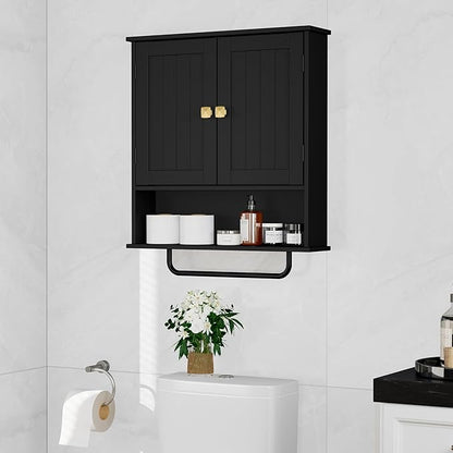 RRX Bathroom Cabinet Wall Mounted Medicine Cabinets with Towels Bar, Over The Toilet Storage Cabinet with 2 Doors and Adjustable Shelf, White Wall Cabinet for Bathroom Laundry Kitchen (Black)