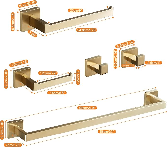 Bathroom Hardware Set 24-Inch Towel Bar,2pcs Towel Hook,Toilet Paper Holder,Hand Towel Holder Stainless Steel Brushed Gold Bathroom Accessories GTS3190BG | SUS304 Stainless Steel,finished by Brushed Gold