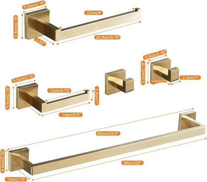 Bathroom Hardware Set 24-Inch Towel Bar,2pcs Towel Hook,Toilet Paper Holder,Hand Towel Holder Stainless Steel Brushed Gold Bathroom Accessories GTS3190BG | SUS304 Stainless Steel,finished by Brushed Gold
