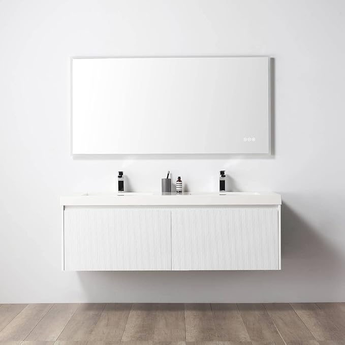 Blossom 60 Inch Double Sink Bathroom Vanity, All Wood Wall Mounted Floating Bathroom Vanity Cabinet with Acrylic Sink, Bathroom Sink Cabinet with Soft-Close Drawers, Modern Vanities, Matte White