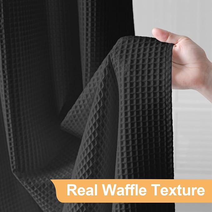 River Dream Cotton Blend No Hook Shower Curtain with Liner, Black, 71x86 | Extra Long, with Snap in Liner, Heavyweight Waffle Fabric, Hotel Grade for Bathroom, Water Repellent, Corner Magnets