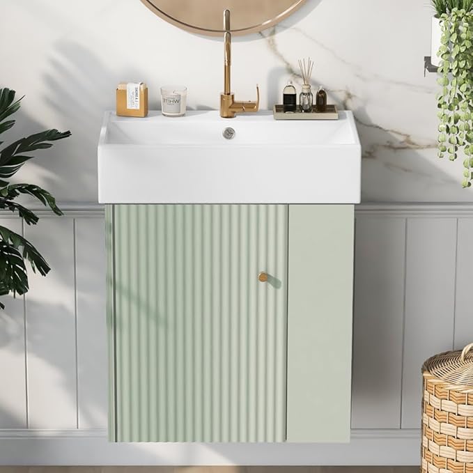 22" Small Bathroom Vanity with Sink, Floating Vanity for Bathrooms with Soft-Close Door and Open Shelf, Wall Mounted Narrow Bathroom Vanities for Compact Bathrooms (Green,22" Floating Right Shelf)
