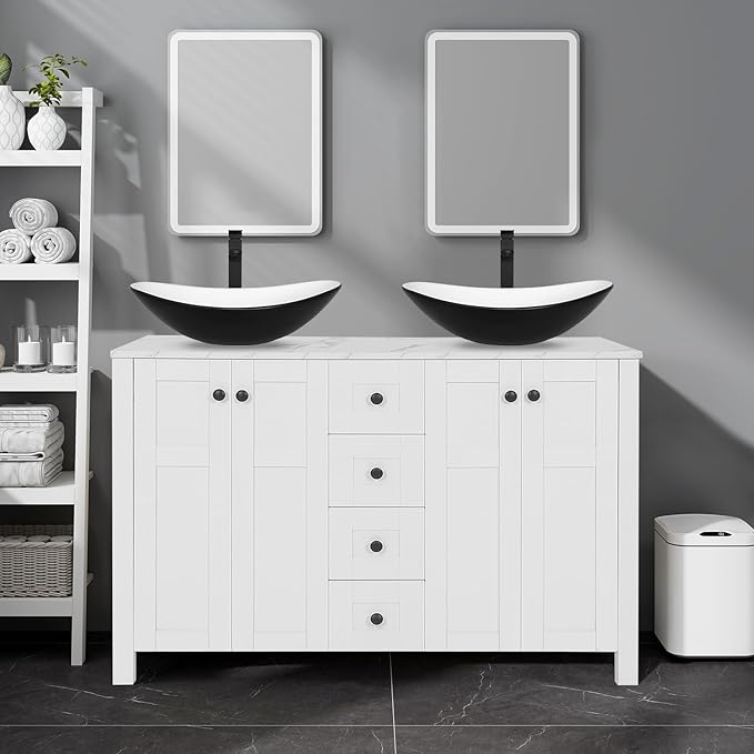 48" White Bathroom Vanity with Marble Texture Top and 4 Drawers, Modern Standing Pedestal Cabinet with Two Black and White Boat Ceramic Vessel Sinks