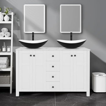 48" White Bathroom Vanity with Marble Texture Top and 4 Drawers, Modern Standing Pedestal Cabinet with Two Black and White Boat Ceramic Vessel Sinks