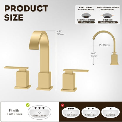 Brushed Gold Bathroom Faucet 8 Inch Widespread 3 Hole 2 Handle,Waterfall Swivel Spout Bathroom Sink Faucet with Pop Up Drain and Water Supply Line,WF011-BG