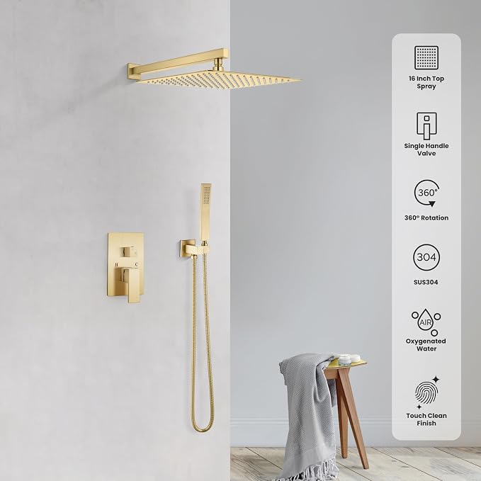 gotonovo Shower Faucet Set with Handheld Spray Brushed Gold,16'' Head | SUS304 Rainfall Shower Head and Handle Set System Fixture,Pressure Balance Valve Trim Kit,Single Handle,Wall Mount,All Metal