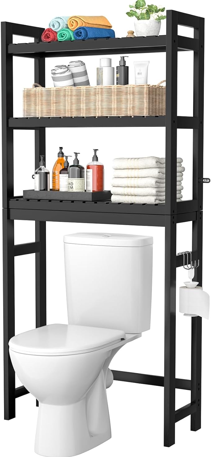 Homykic Bamboo Over The Toilet Storage Shelf, 3-Tier Above Toilet Storage Organizer Rack with 3 Hooks, Freestanding Bathroom Tower Shelf Unit for Small Space, No Rust, Easy to Assemble, Black