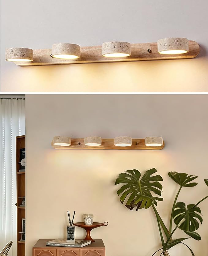 Natural Wood Vanity Light, 27.6 Inches Wabi Sabi Travertine Wall Sconce with 360° Rotatable Natural Stone Lampshade and Wooden Base Nordic Style Farmhouse Vanity Lights for Bathroom (4 Lights)