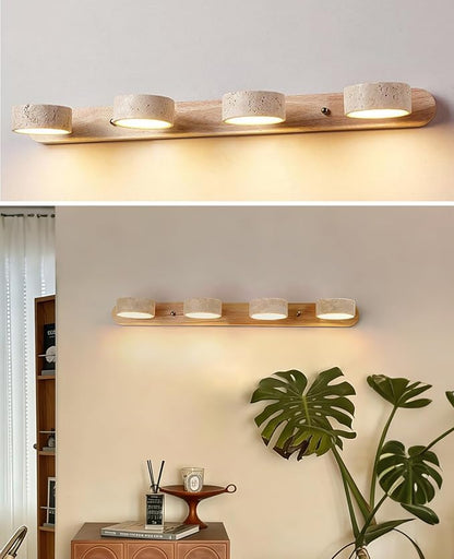 Natural Wood Vanity Light, 27.6 Inches Wabi Sabi Travertine Wall Sconce with 360° Rotatable Natural Stone Lampshade and Wooden Base Nordic Style Farmhouse Vanity Lights for Bathroom (4 Lights)