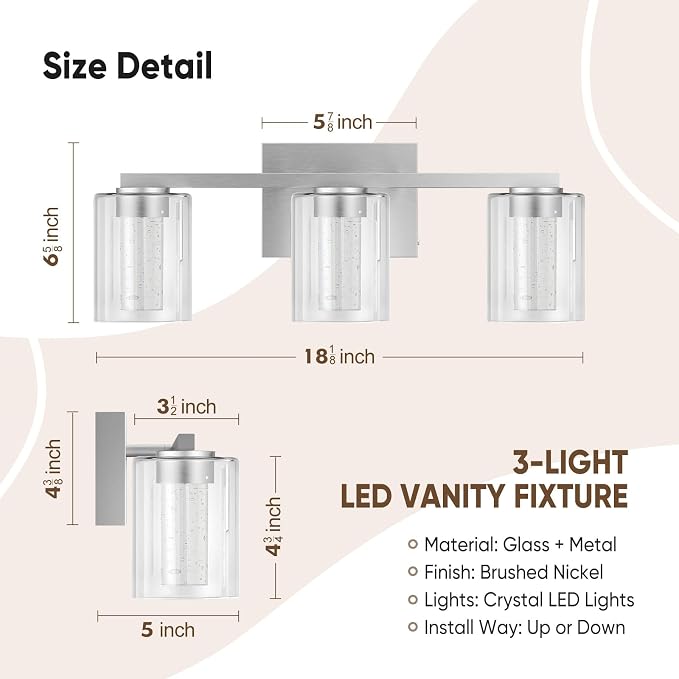 LED Modern Bathroom Light Fixtures Over Mirror, 3-Light Brushed Nickel Vanity Lights with 5 Color Modes, Dimmable Bathroom Vanity Light with Crystal Bubble Glass, 2700K-6500K Adjustable, ETL