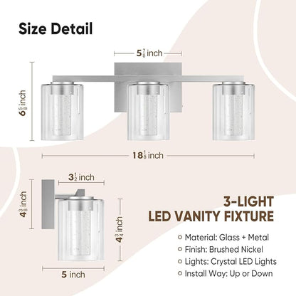 LED Modern Bathroom Light Fixtures Over Mirror, 3-Light Brushed Nickel Vanity Lights with 5 Color Modes, Dimmable Bathroom Vanity Light with Crystal Bubble Glass, 2700K-6500K Adjustable, ETL
