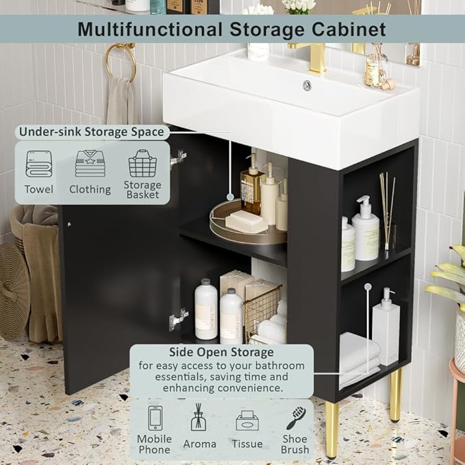 22" Small Bathroom Vanity with Sink, Morden Bathroom Vanities with Soft-Close Door and Open Shelf, Freestanding Narrow Vanity for Compact Space-Saving Bathrooms (Black,22" Freestanding Right Shelf)