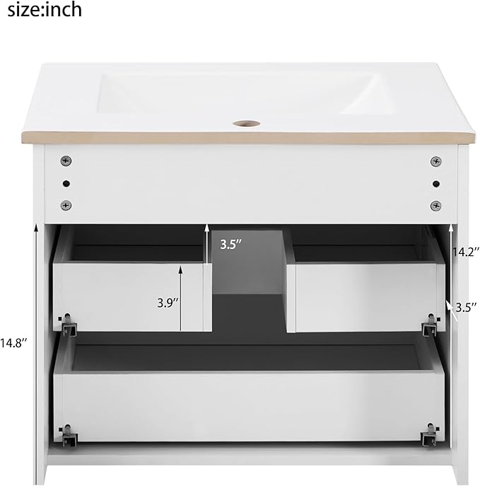 24 Inch Bathroom Vanity with Sink, Wall Mounted Bathroom Storage Cabinet with 2 Drawers, Floating Bathroom Vanities with Decor Line