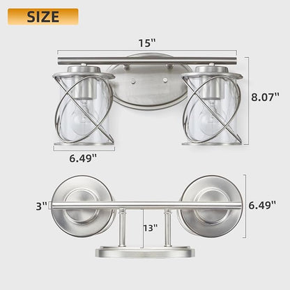 2-Lights Bathroom Vanity Lights, Bathroom Light Fixtures Over Mirror, Brushed Nickel Vanity Light, Farmhouse Wall Lights with Clear Glass Shade, Bathroom Wall Lamp for Mirror Kitchen Bedroom