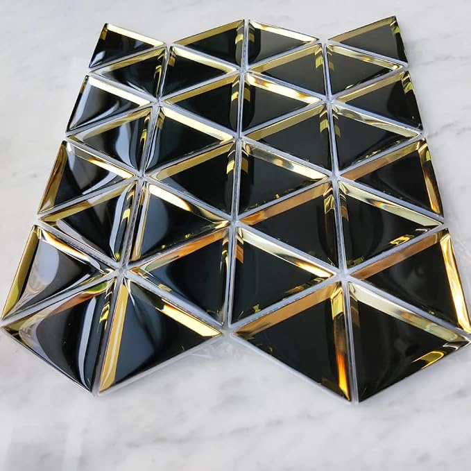 Beveled Mirror Glass Mosaic Tile, Glass Tile for Bathroom Kitchen Backsplash Shower Wall, Pack of 5 Sheets (Black and Gold, 3 Inch)