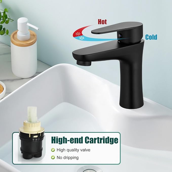 Heyalan Bathroom Faucet Single Handle 1 Hole SUS304 Stainless Steel Deck Mount Lavatory Single Switch Basin Sink Faucet with Pop Up Drain and Hot and Cold Water Mixer Matte Black