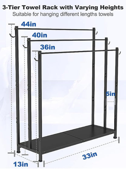 Extra Large Free Standing Towel Rack, Black | 3 Tiers Heavy Duty Blanket Drying Stand Holder with Metal Storage Shelf & 6 Hooks for Bathroom, Pool, Bedroom, Living Room