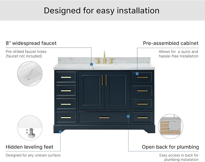 DKB Langford 54-inch Midnight Blue Bathroom Vanity with Center Rectangle Single Sink, Italian Carrara Marble Countertop & Backsplash, Solid Wood Frame, Soft-Closing & Dovetail Drawers