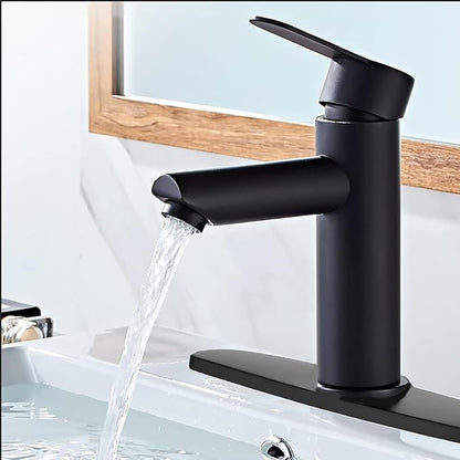 Black faucet with water flowing into a sink in a bathroom setting.
