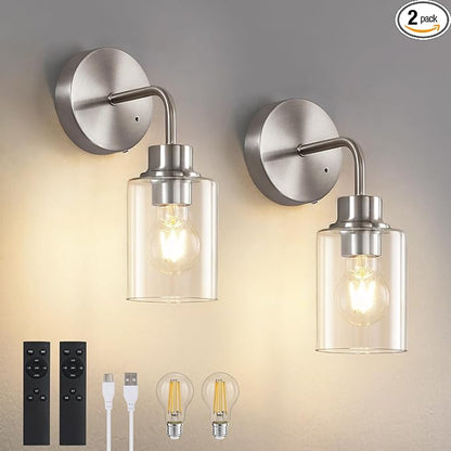 Epinl Battery Operated Wall Sconce Set of Two - Brushed Nickel Rechargeable Wireless Wall Sconces with Remote Control, Cordless Wall Lights 3000K Wall Lamp for Bedroom Bathroom Living Room