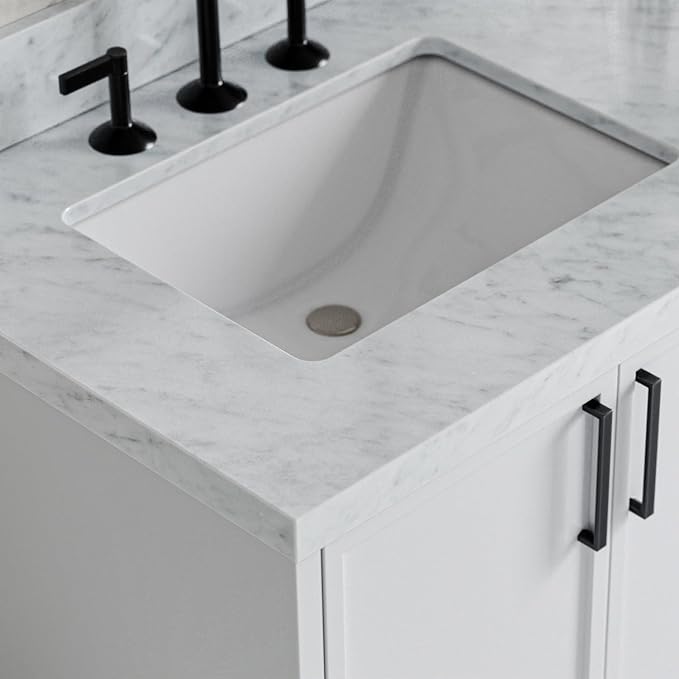 ARIEL Kelly 72-inch Bathroom Vanity with Sink,Solid Wood, 1.5-inch Italian Carrara Marble Countertop & Backsplash, Double Rectangular Porcelain Sink, 4 Soft Closing Doors, 5 Dovetail Drawers, White