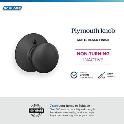 Schlage F170 PLY 622 Plymouth Door Knob, One Sided Non-Turning Dummy Door Handle, Matte Black
