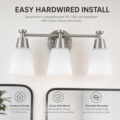 3-Light Bathroom Vanity Light, Brushed Nickel Finish with Milk Glass Shades, Over Mirror, for Bathroom Vanity