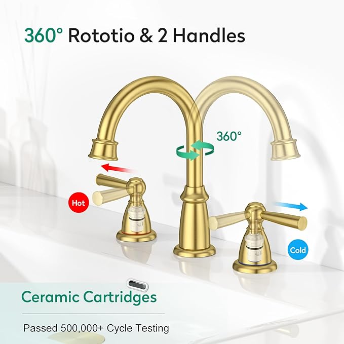 CREA Gold Bathroom Faucet 3 Hole,2 Handles 8 Inch Widespread Bathroom Faucets with Drain,360°Swivel 3 Pieces Brushed Gold Faucet for Bathroom Vanity Basin Mixer Tap(cPUC Supply Line)
