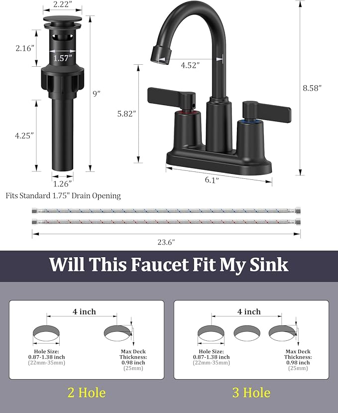 Bathroom Faucets for Sink 3 Hole, Evolvegoods 4 Inch Matte Black Bathroom Faucet with Pop Up Drain and 2 Supply Hoses, 2-Handle Centerset Faucet for Sink Vanity RV