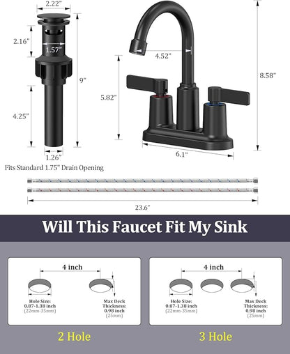 Bathroom Faucets for Sink 3 Hole, Evolvegoods 4 Inch Matte Black Bathroom Faucet with Pop Up Drain and 2 Supply Hoses, 2-Handle Centerset Faucet for Sink Vanity RV