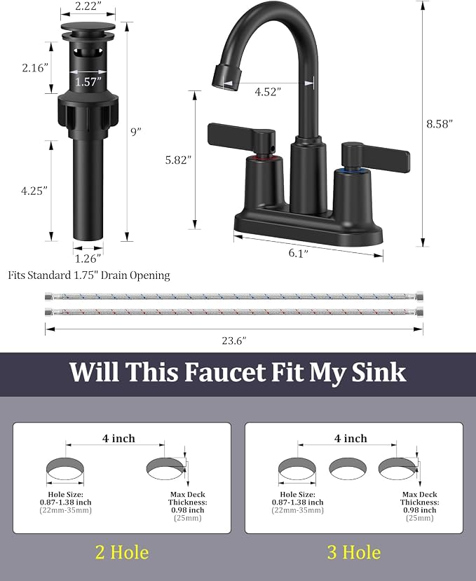 Matte Black Bathroom Sink Faucet 3 Hole 4 Inch Centerset Bathroom Faucets | Faucet for Bathroom Sink with Pop Up Drain and 2 Supply Hoses 2 Handle Bathroom Faucet for Sink Vanity RV Evolvegoods