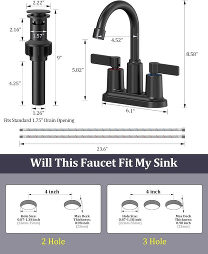 Matte Black Bathroom Sink Faucet 3 Hole 4 Inch Centerset Bathroom Faucets | Faucet for Bathroom Sink with Pop Up Drain and 2 Supply Hoses 2 Handle Bathroom Faucet for Sink Vanity RV Evolvegoods