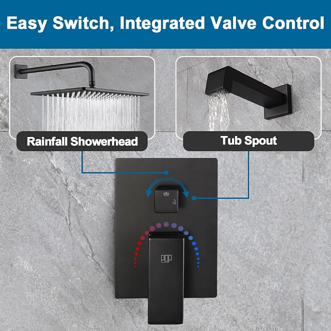 Black Shower Tub Faucet Set Bathroom Rain Shower System with Tub Spout Wall Mounted Rainfall 10 Inch Shower Head and Handle Set Shower Valve and Trim Kit