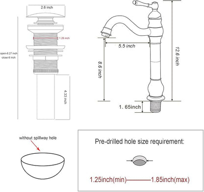 Bathroom Vessel Bowl Sink Faucet Brushed Nickel Single Handle with Drain | One Hole Lavatory Vanity Faucet 360° Swivel Matching Pop up Drain without Overflow Commercial Deck Mount